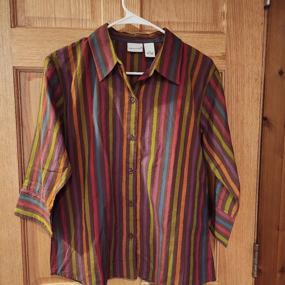 Kim Rogers medium, button down blouse. 100% cotton. Vertical stripe, multicolor.